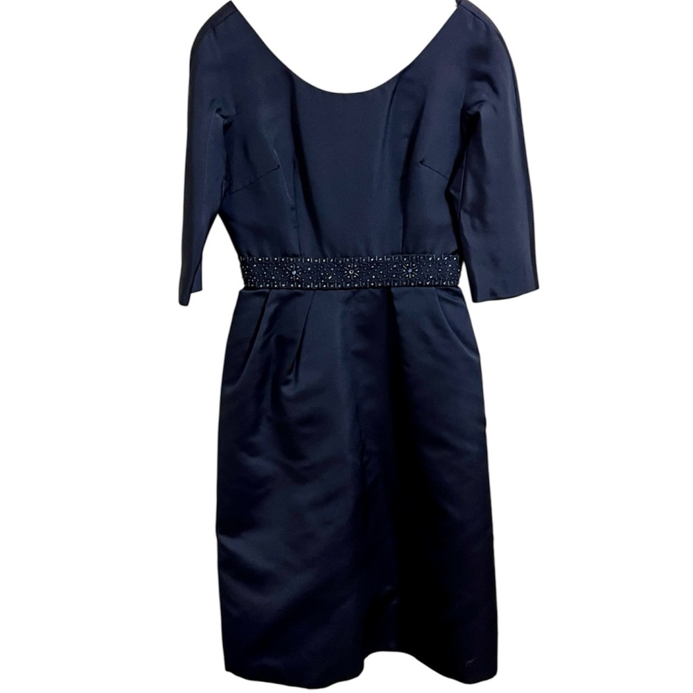 Vintage Abe Schrader 1950s Gorgeous Navy Elbow Sleeve Dress Beaded Waist Bow S